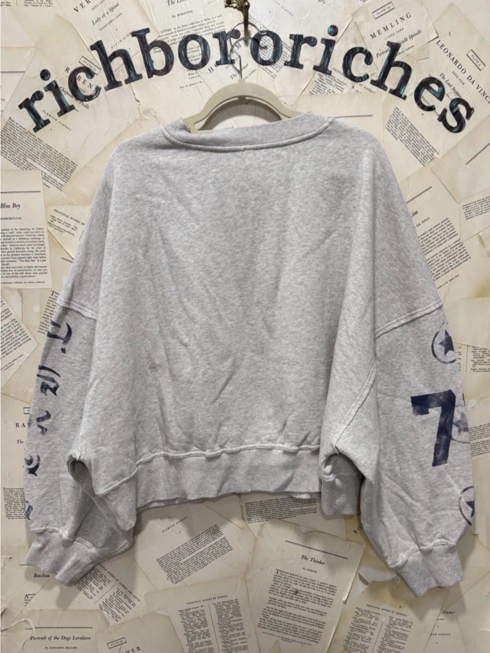 Free People Gaia Sweatshirt Oversized Rib Trim Drop Sleeve Graphic Numbers Grey - Picture 5 of 5